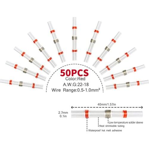 10/20/50PCS Heat Shrink Butt Terminals Waterproof Solder Seal Tinned Copper Electrical Wire Cable Splice Terminal 26-24 AWG