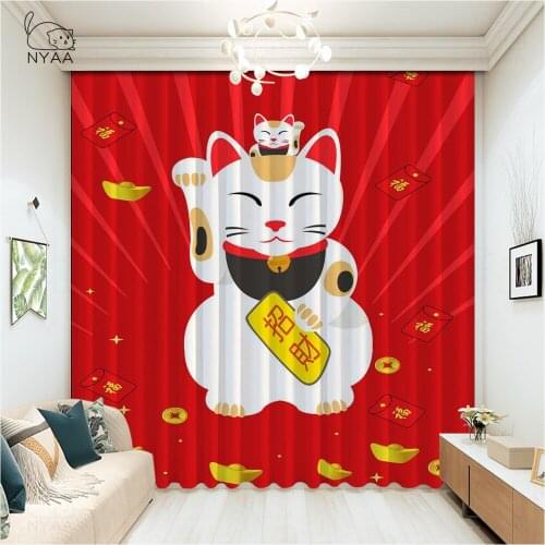 Japanese Sushi Lucky Cat Room Curtains Window Curtain Lights Living Room Bedroom Kitchen Outdoor Kids Window Treatment Valances