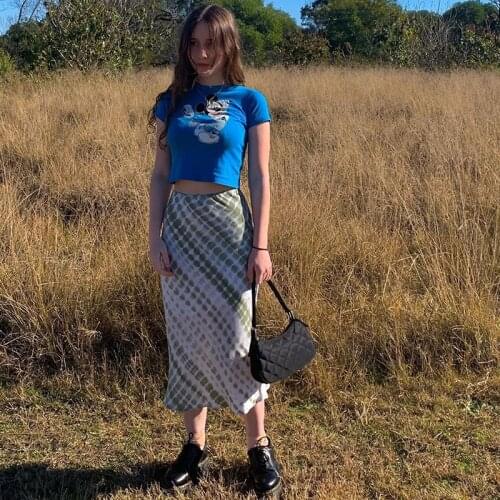 2021 Summer Girls' Plaid Tie Dye Midi Skirt Woman High Waist Stylish Dress Y2K Fashion 90s Boho Skirts for Shopping Daily Wear