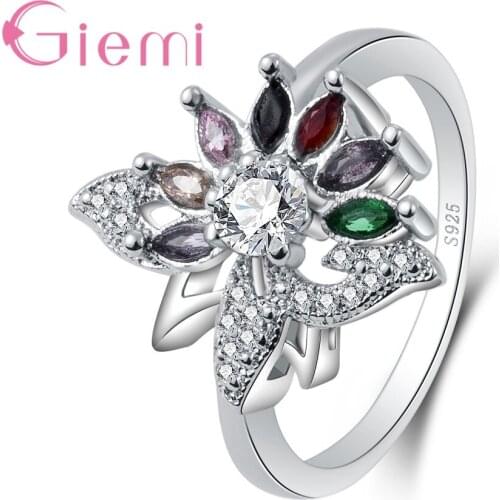 925 Sterling Silver Shiny Forever Love Colorful Flower Finger Rings For Women Wedding Engagement Anillos Jewelry