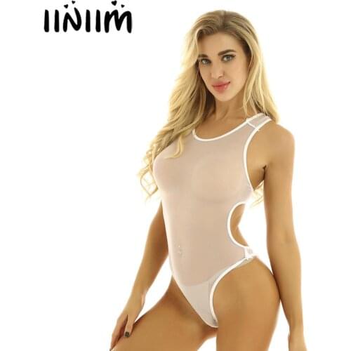 Womens Femme Sexy Lingerie Catsuit Bodycon Bodystocking Sheer Mesh High Cut Leotard Bikini Body Suit Cut Hole Clubwear Costumes