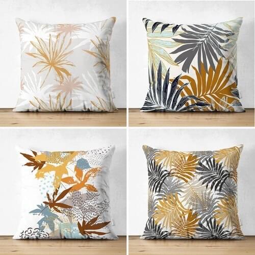 Gold Tropik Leaf Decorative Digital Printed 4'lü Double-Sided Suede Cushion Pillow decorate Case Set
