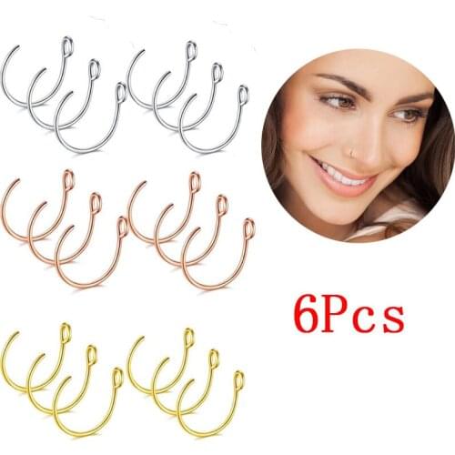 6Pcs/Set Fake Nose Ring 20G Faux Piercing Jewelry 8mm Fake Nose Ring Hoop for Faux Lip Septum Nose Ring Set