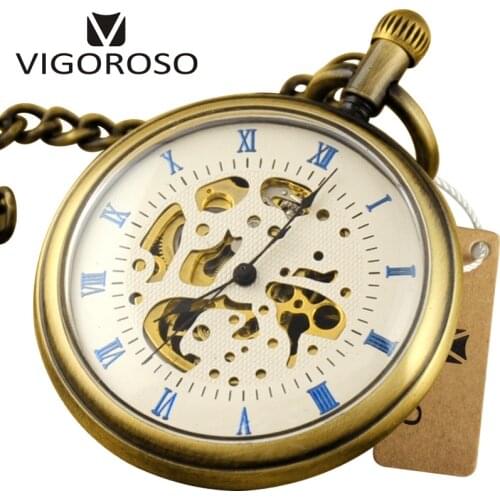 VIGOROSO Vintage Skeleton Bronze Alloy Fashion Open Face Mechanical Pocket Watch Hand Wind Roman Dial Retro Archaize Clock Gifts