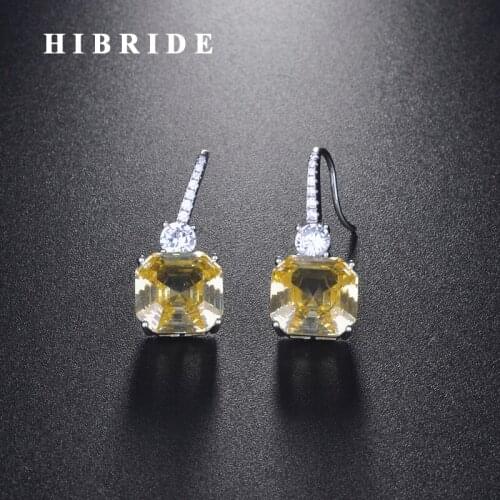 HIBRIDE New Design Brilliant Square Yellow Cubic Zircon Dangle Drop Earrings For Women Birdal Accessories Jewelry Gift E-916