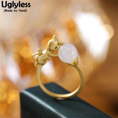 Uglyless Naughty Cat Playing Balls Lovely Animals Cats Rings for Women Natural Jade Gemstones Rings Real Gold 925 Silver Jewelry