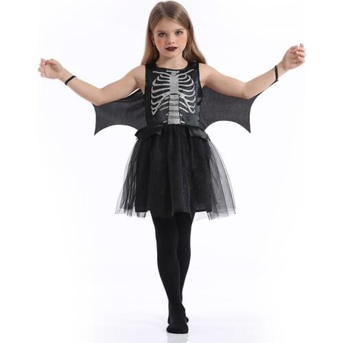 Halloween Skeleton Costume Skull Kids Black Bat Dress With Wings Girls Witch Disfraz Ghost Cosplay Party Dress Up For Children