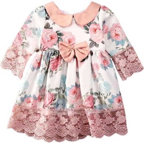 Citgeett Summer 1-5Years Kid Baby Girls Party Dress Flowers Print Lace Long Sleeve Peter Pan Collar A-Line Dress