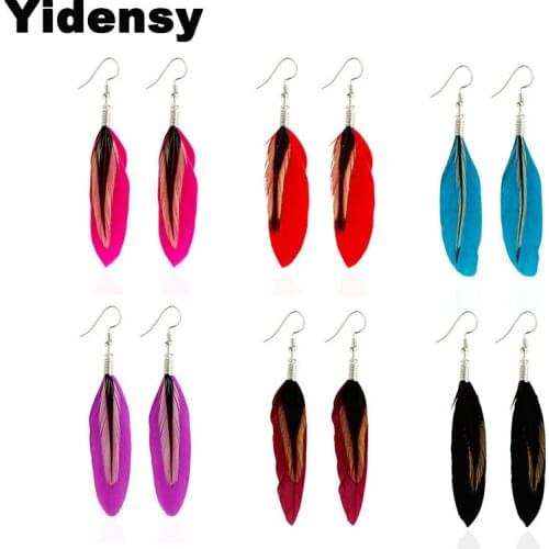 Yidensy Fashion Long Feather Earrings Bohemain 6 Color Red Black Dangle Drop Earring Women Female Party Statement Jewelry Gifts