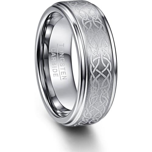 Mens 8mm Laser Knot Brush Tungsten Carbide Wedding Band Rings Polished Silver Color Engagement Ring