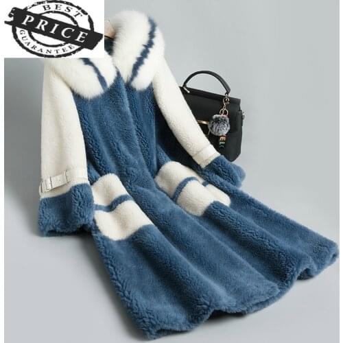 Coat Sheep Shearing Women 2021 Real Fox Fur Coat Female Jacket Long Winter Warm Fur Outwear Overcoat Abrigo Mujer LWL11aa