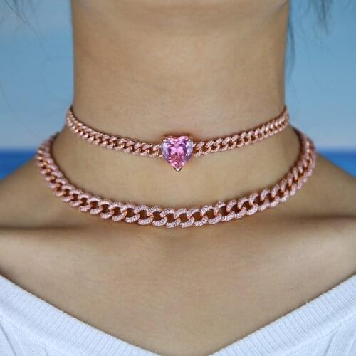 Rose gold Pink cz cuban link chain necklace bracelet Pink girl women fashion jewelry