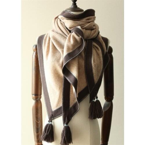 Super large size 100% goat cashere women fashion triangle scarf shawl pashmina spliced sides long tassel 145x208cm