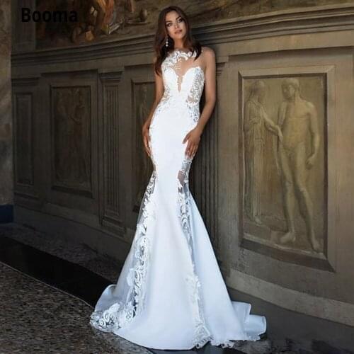Booma Mermaid Wedding Dresses Sexy Jewel Neck Elegant Lace Appliques Stain See Through Bohemian Fishtail Bride Wedding Gown 2020