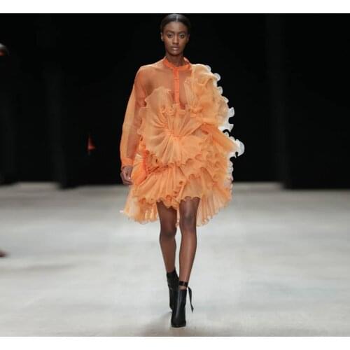 Trendy Orange Lotus Leaf Tulle Straight Mini Women Dresses See Thru Full Sleeves Short School Party Dress