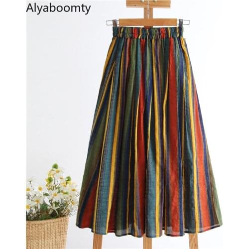 New Japanese Mori Girl Women Midi Skirt High Waist Colorful Striped Jupe Femme Longo Elegant Vintage Cotton Linen Skirts Womens