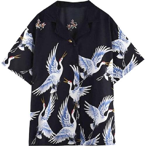 2021 New Summer Fashion Crane Print Short Sleeves Women Top Chiffon Casual Office Blouse Shirt Loose Casual Female Streetwear