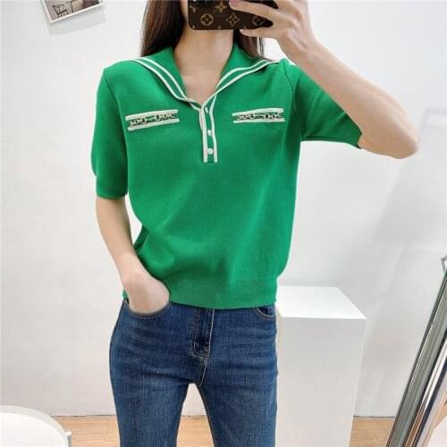 Knitted T Shirt Women Green Crop Tops 2021 Summer Polo Collar T-Shirt Black Ladies White Short Sleeve Tee Women Runway T-shirts