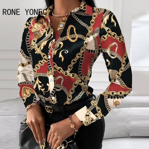 Women Chic Elegant All Over Print Long Sleeves button Straight Blazer Blouse