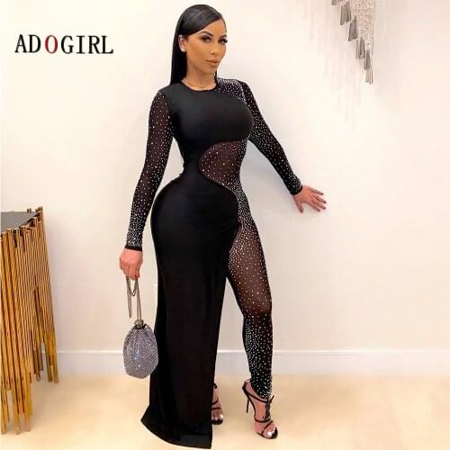 Adogirl Women Long Sleeve See Through Bodycon Jumpsuit Sexy Mesh Transparent Elegant Night Party Jumpsuit One Pieces Rompers