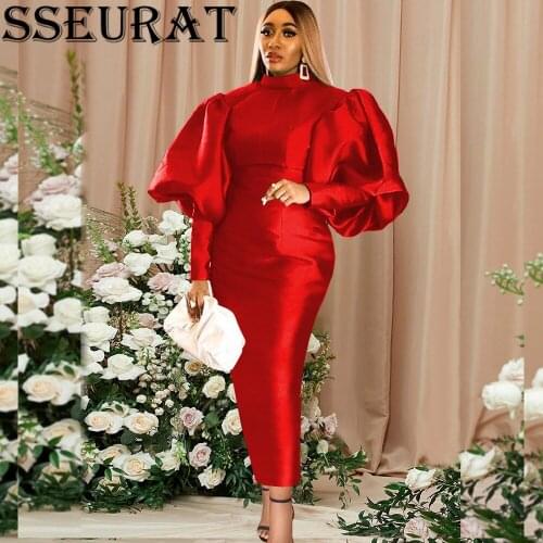 SSEURAT Women Maxi Dresses Long Lantern Dress Christmas High Collar Bodycon Sexy Shiny Celebrate Occasion African Robes