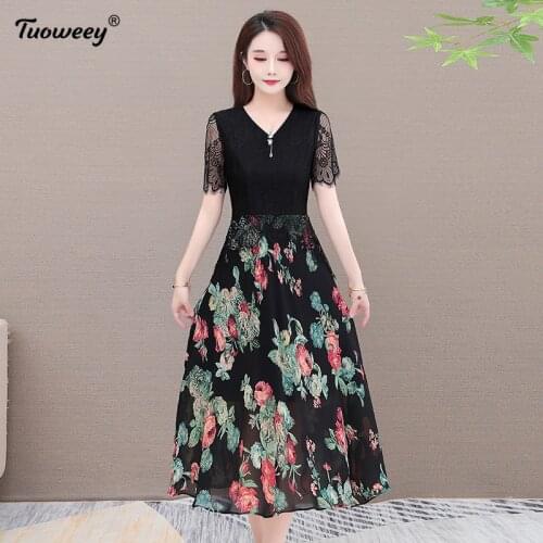 Women Summer V Neck Casual lace Dress 2021 Elegant A Line Floral Print Midi Short Sleeve Split Party Holiday Dress Robe Femme