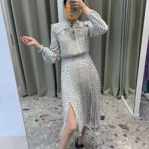 Bow Printing Womens Split Knee-Length Robe Early Autumn 2021 New Long Sleeve Lace-Up Slim Waist Dress