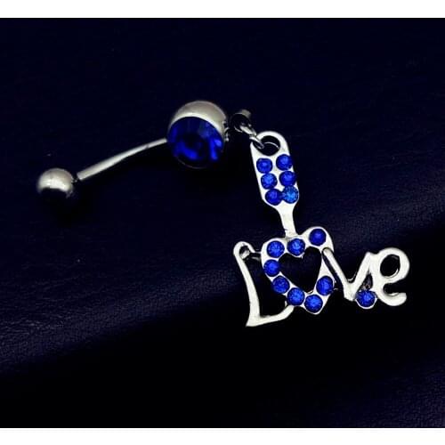 1pcs 2019 Hot sale letter Belly Button Fashion Surgical Steel love heart blue Dangle Belly Navel Piercing Ring free shipping