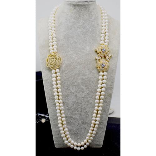 2rows freshwater pearl WHITE/gray round 8-9mm necklace 24-26inch FPPJ wholesale beads nature
