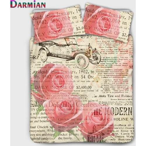 DARMIAN Vintage Old Newspaper Pink Rose Flower Printed Duvet Cover and Pillowcase 3Pcs Set Home Textile Hotel Bedroom Bedclothes