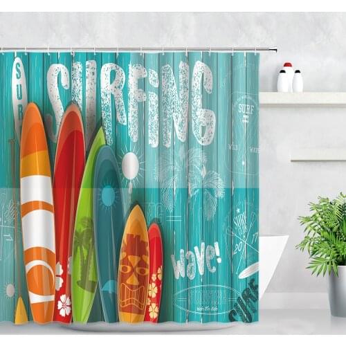 3D Summer Surf Shower Curtains Tropical Color Surfboard Retro Style Blue Wood Grain Bathroom Decor Waterproof Fabric Curtain Set