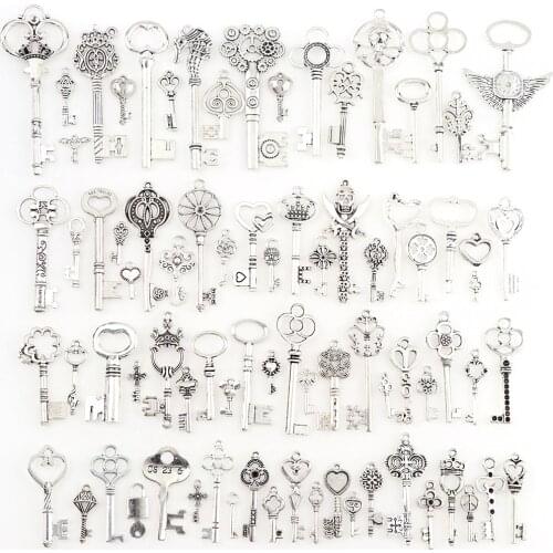 80pcs/lot Mixed Antique Silver Color Vintage key Series Set Beads Bracelets Charm Pendants Fashion Jewelry Making Findings