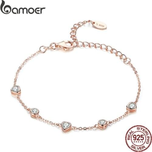 BAMOER Classic 925 Sterling Silver Heart Gold Color Women Bracelets Chain Lobster Clasp Bracelet Sterling Silver Jewelry SCB097