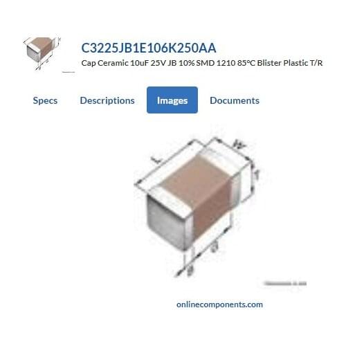 C3225JB1C226M250AA Cap Ceramic 22uF 16V JB 20% SMD 1210 85°C Blister Plastic T/R C3225JB1A226M250AA C3225JB1E106K250AA