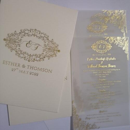 Elegant Translucent Sulfuric Acid Paper Gold Foil Invitation Card With Gold Foil Logo Envelope