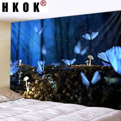 HKOK Blue Butterfly Tapestry Wall Rugs Wall Hanging Covering Fabric Mural Background Cloth Towel Beach Fabric Blanket Home Decor