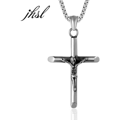 JHSL Men Jesus Cross Pendant Necklace Christian Silver Color Stainless Steel Fashion Jewelry Gift Wholesale New Arrivla 2021