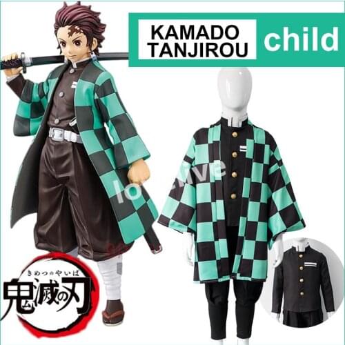 Kids Demon Slayer Kimetsu no Yaiba Kamado Tanjirou Kimono Cosplay Costume Shirt Pants Coat Kimono Uniforms Full Set Wig Children