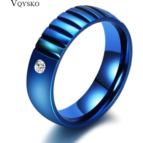 6mm Classic With Crystal Rings Blue 316L Stainless Steel Rings Engagement Wedding Bands For Men Women Jewelry Size 6-12
