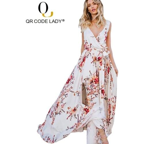 QR Summer Dress Women 2019 Casual Print Chiffon Long Party Dress Female Sexy Deep V Neck Split Boho Beach Maxi Dresses With Belt