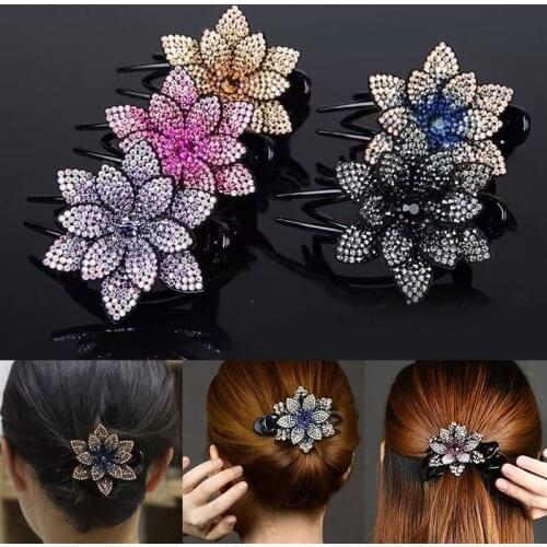 Fashion Flower Crystal Hair Claw Women Shiny Rhinestone Hairpin Hair Clip Duckbill Clip Hairgrip Headwear Bride Hair Accessories
