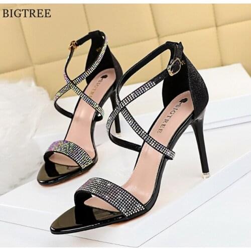 Sexy Cross-Strap Crystal Buckle Women Wedding Sandals 2021 New Silver Gold Patent Leather Open Toe High Heels Shoes Party Woman