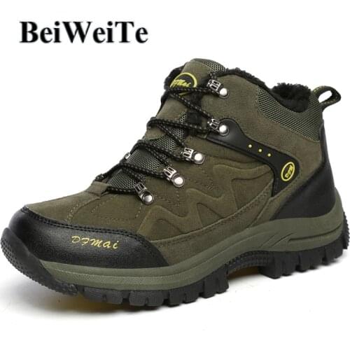 Men Plus Fur Winter Hiking Boots Warm Anti-Skid Outdoor Sneakers For Men Water-proof Leather High Top Hunting Trekking Shoes New