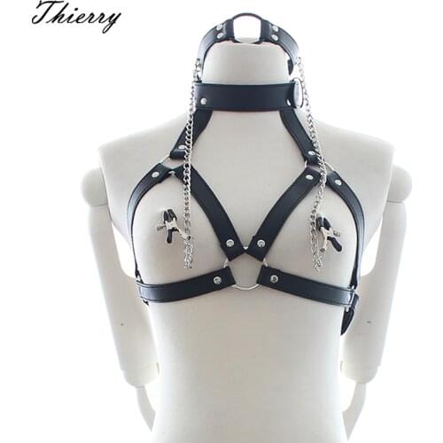 Thierry PU Leather Bondage Restraints O Ring Gag with Nipple Clamps,open bra with Collar Fetish Adult Games Sex Toys for Couples