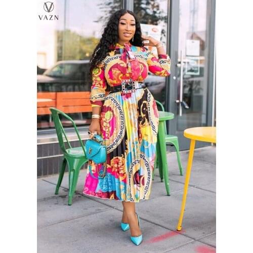 VAZN 2021 Autumn High-end Retro Long Chiffon Pleated Dress Three Quarter Sleeve Chiffon Vintage Overalls Free Mature Women Dress