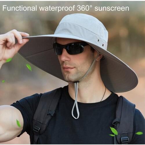 Mens Waterproof Fisherman Hat Foldable Men Outdoor Fishing Hiking Beach Hats Mesh Breathable Anti UV Sun Cap Large Wide Brim