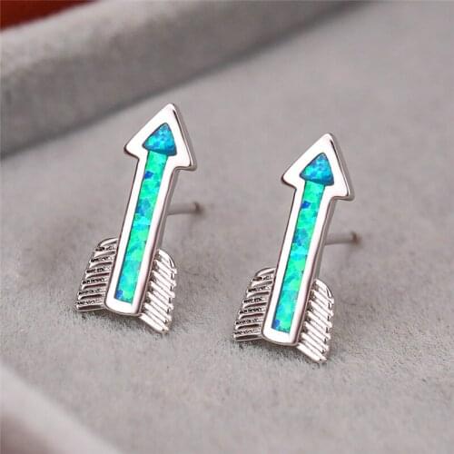 Unique Arrow Blue/White Fire Opal Geometric Stud Earrings For Women White Gold Engagement Promise Earring Female Wedding Jewelry