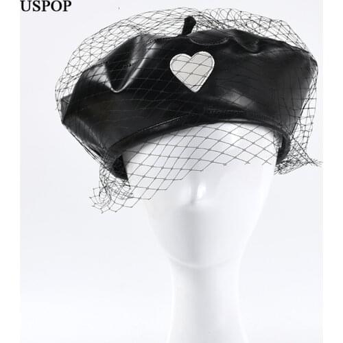 USPOP 2020 Women beret winter hat vintage mesh PU heart embroidery berets