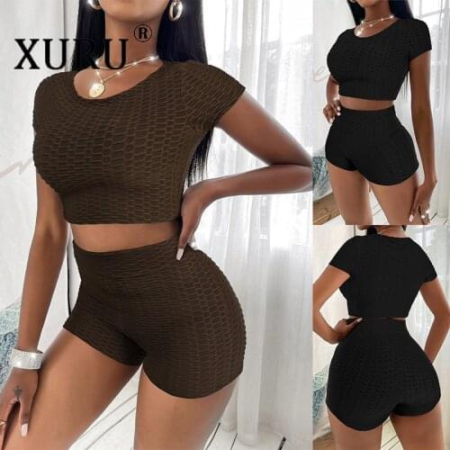 XURU Short-sleeved Two-piece Jumpsuit Round Neck Hip-wrap Sports Jumpsuit Suit European and American Sexy Womens Jumpsuit