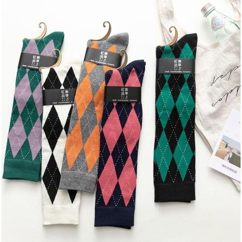 Long Tube Socks Women Autumn And Winter College Style Calf Ling Lattice Cotton Student Tide Socks Pile Socks High Tube